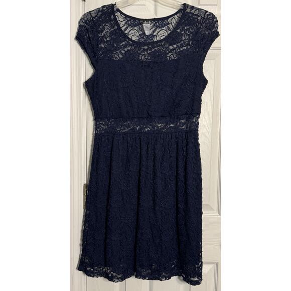 Deb Navy Blue Lace Dress, Cap Sleeve, Sheer Mid Section, Cocktail, Wedding, 1X - Picture 1 of 5